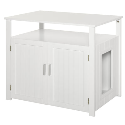 Wooden Cat Litter Box Enclosure Furniture with Adjustable Interior Wall & Large Tabletop for Nightstand  White