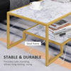 Minimalist Art Deco Coffee Table with Laminate Marble Print Table Top & Underneath Storage Shelf, White & Gold