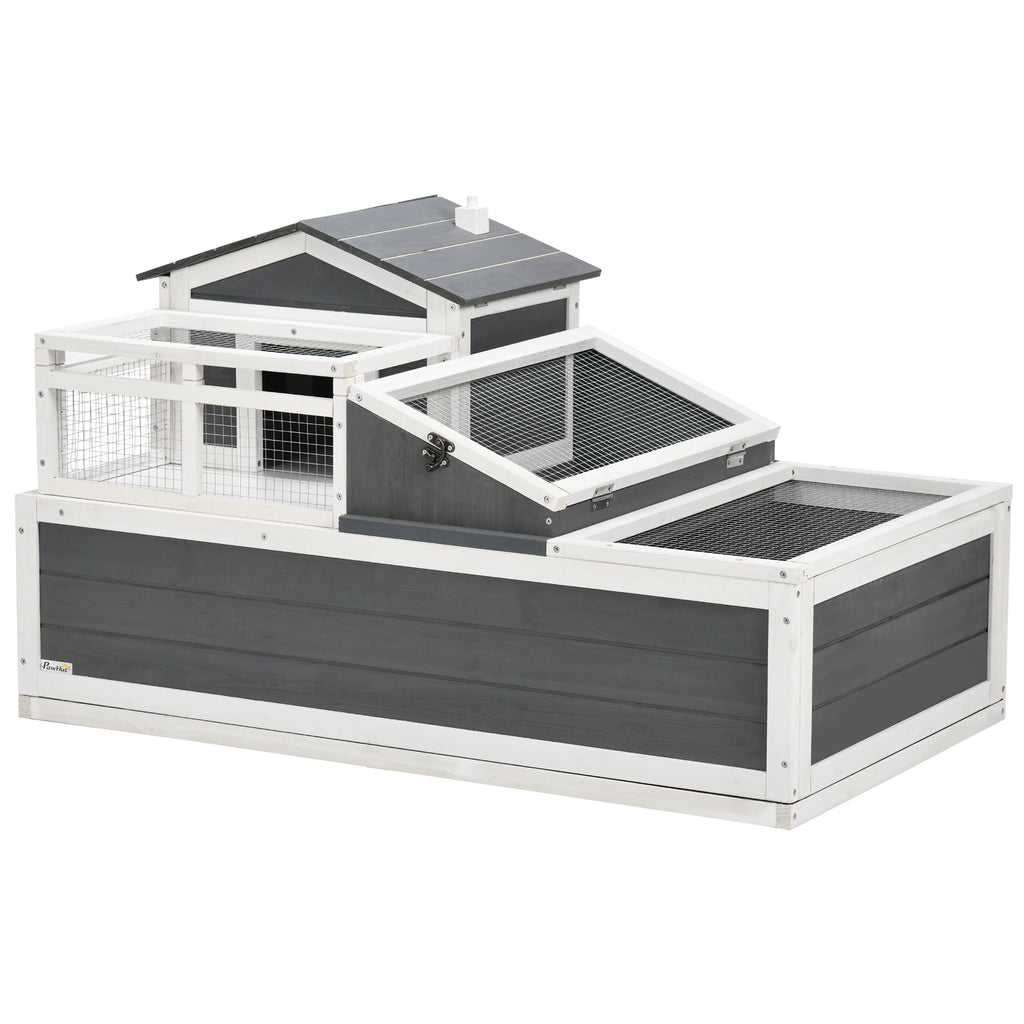 Wooden Tortoise House with Balcony, 2 Tiers Large Tortoise Habitat Indoor, Outdoor Reptile Cage with Ladder, Tray, Openable Roofs, 44" x 25.5" x 25"