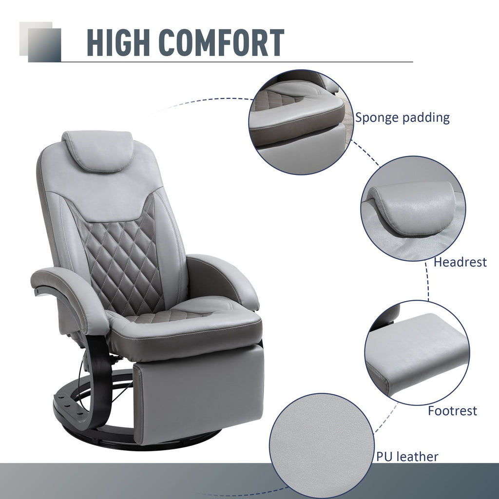 PU Recliner Reading Armchair with Footrest, Headrest, Round Wood Base for Living Room, Bedroom, Office - Grey