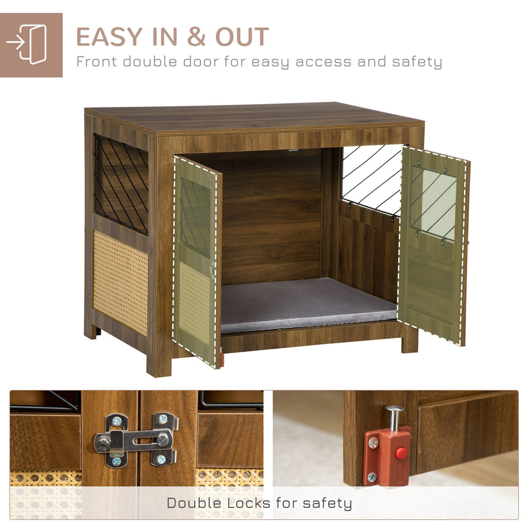 Dog Crate Furniture with Cushion, Dog Kennel End Table with Double Doors, Latch, Indoor Use, for Small and Medium-Sized Dogs, Walnut