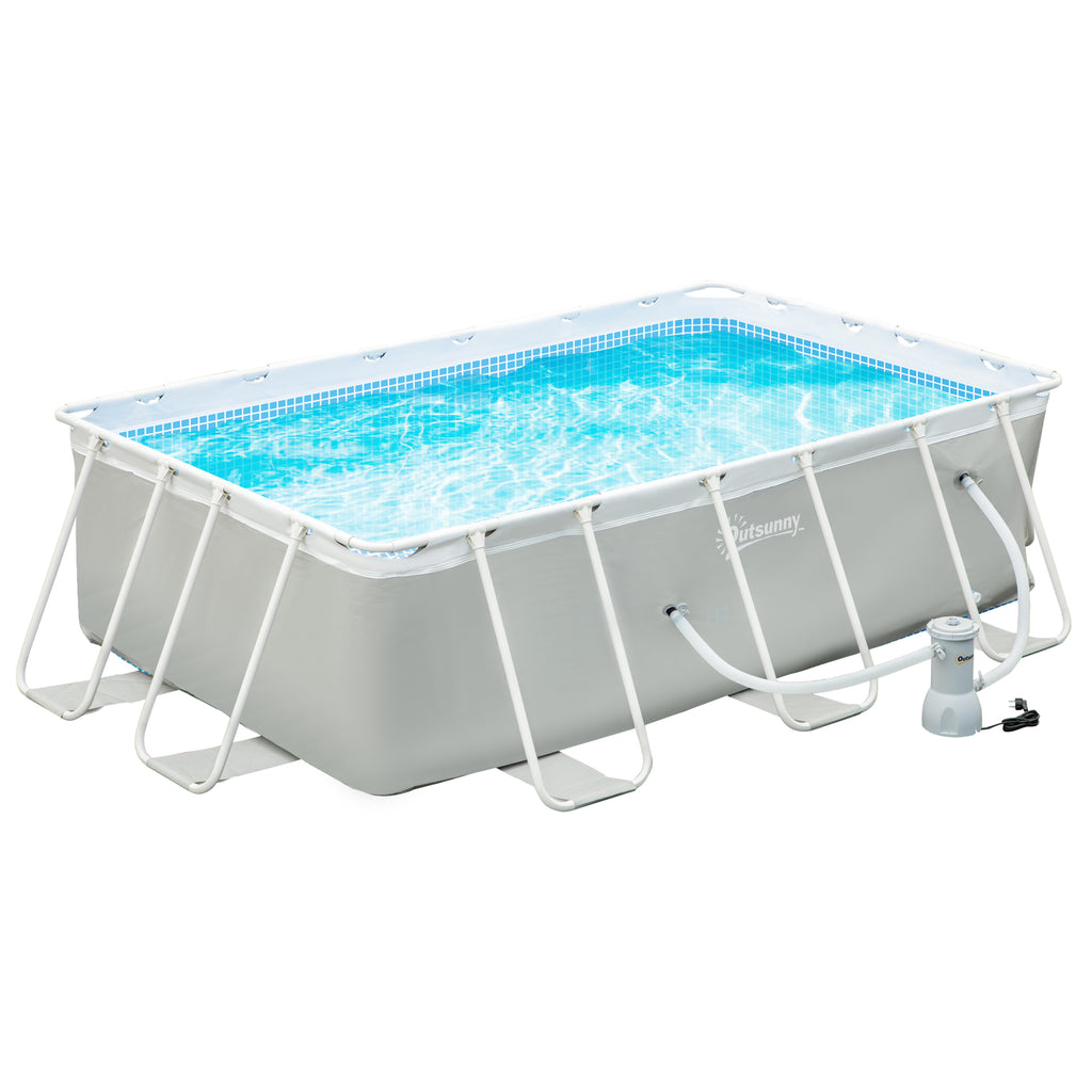 11ft x 7ft x 32in Steel Frame Pool with Filter Pump, Outdoor Rectangular Frame Above Ground Swimming Pool, Light Grey