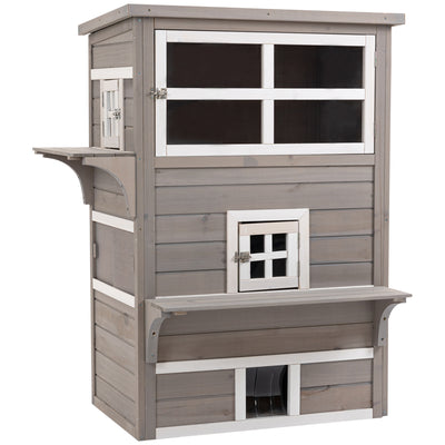 3-Tier Feral Cat House, Outdoor Kitten Condo Shelter with Raised Floor, Asphalt Roof, Escape Door, Jumping Platform, Grey