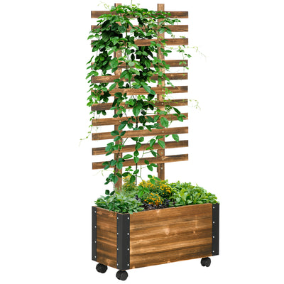 Wooden Raised Garden Bed, Planter with Trellis and Metal Corners, Portable on Wheels, for Patio, Backyard, Deck