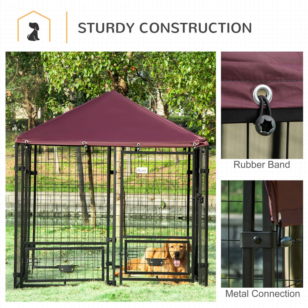 Indoor/Outdoor Metal Dog Kennel, Dog House with Lock, Weather Resistant Canopy and 2 Bowl Holders and Bowls, 4.6' x 4.6' x 5', Black / Red