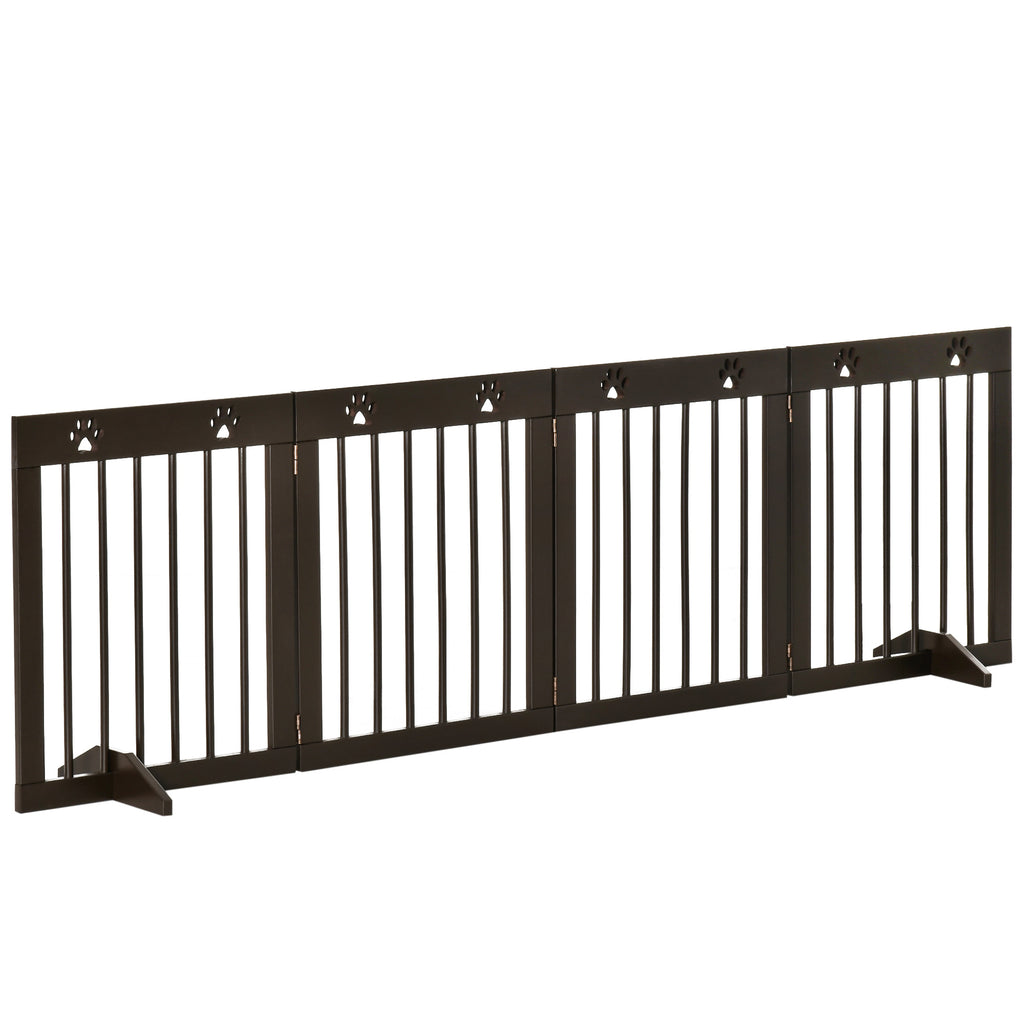 Freestanding Pet Gate, Wooden Dog Barrier, Folding Safety Fence with 4 Panel, Support Feet up to 80.25" Long 24" Tall for Doorway, Brown