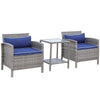 3 Pcs Rattan Wicker Bistro Set with Soft Cushions, Outdoor Coffee Sets with Glass Table and Storage Shelf for Patio, Blue