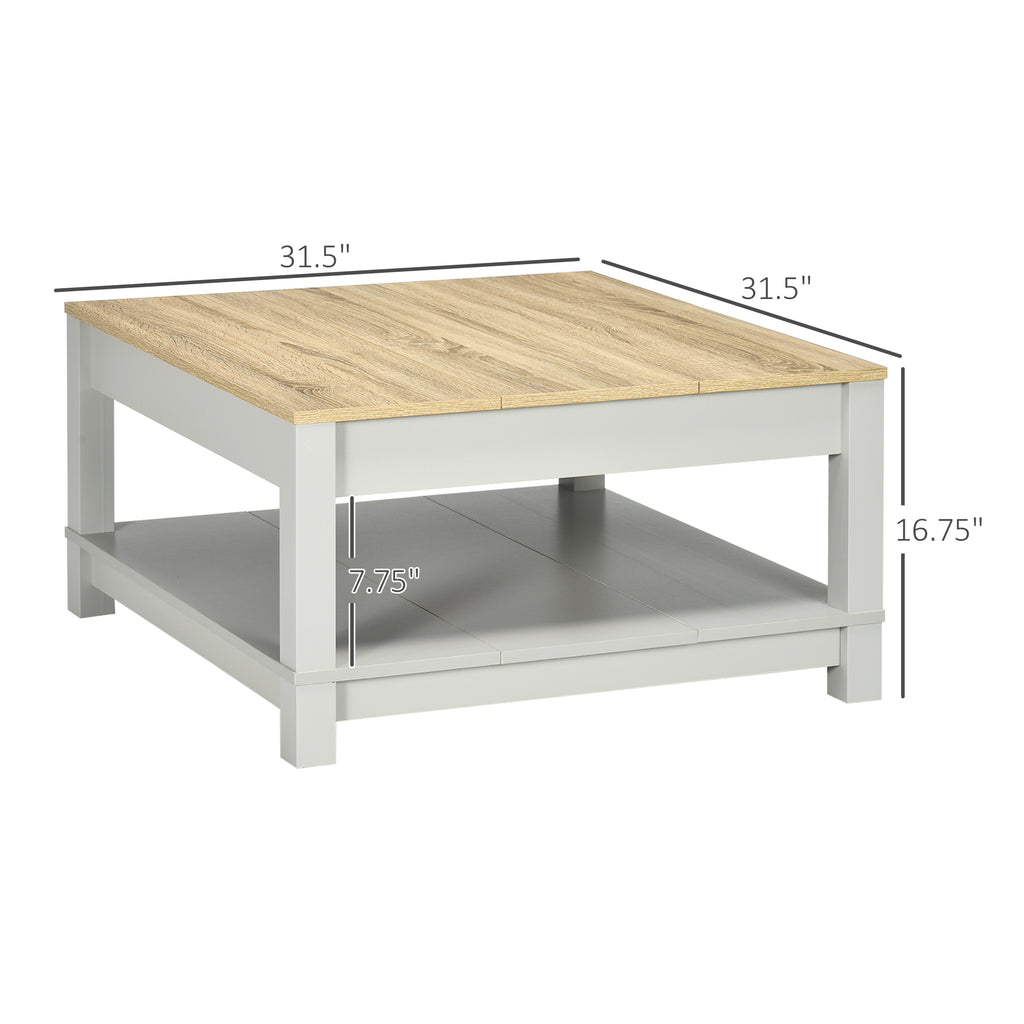Coffee Table with Storage Shelf, Square Center Table with Thick Tabletop for Living Room, Natural and Gray