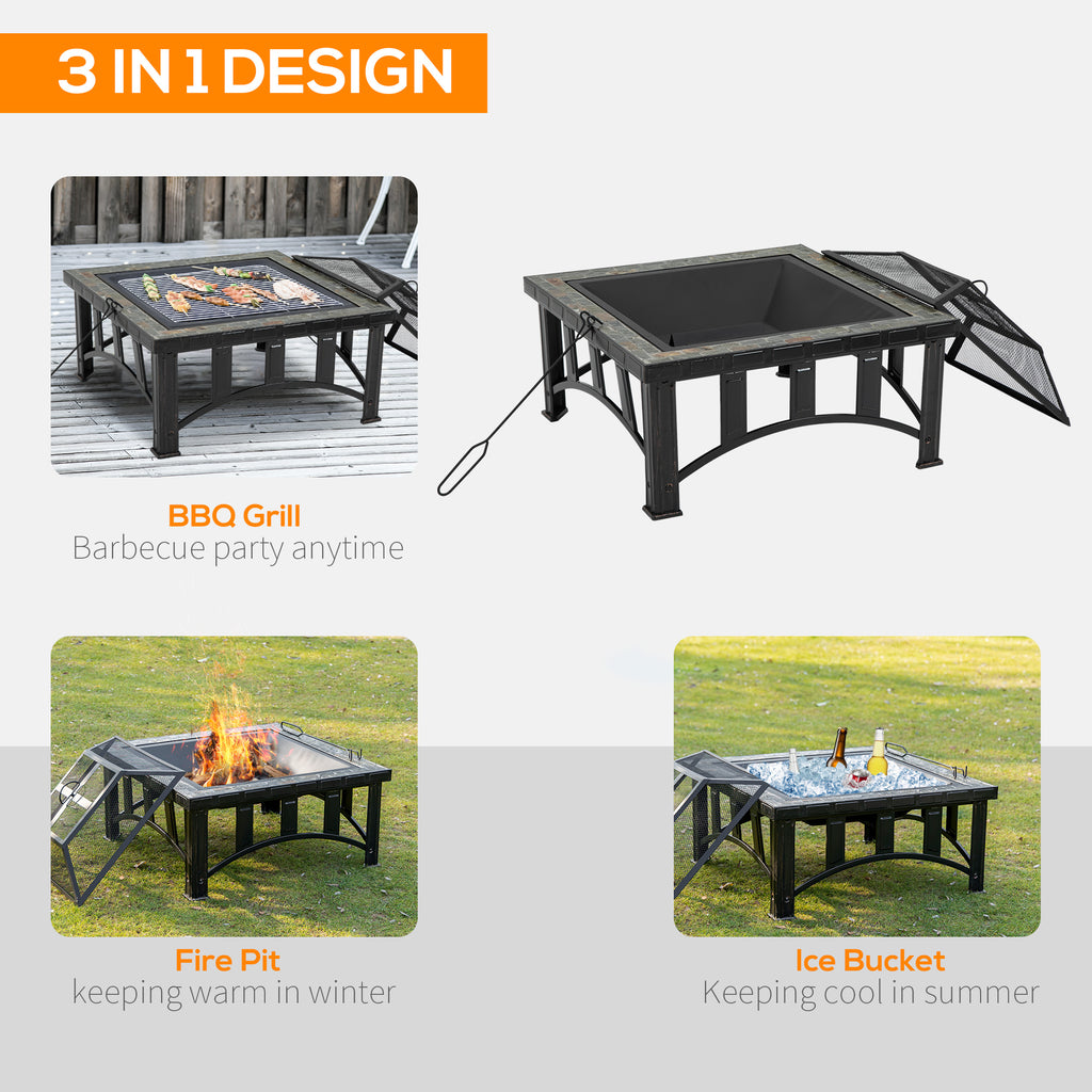 30" Outdoor Fire Pit, Square Steel Firepit Stove with Screen and Log Poker for Backyard, Patio, Camping, and BBQ, Black