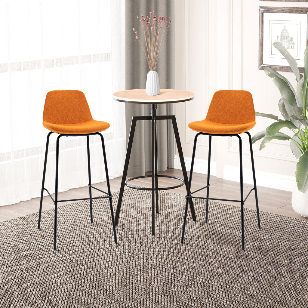 29.5" Seat Height Bar Stools Set of 2, Upholstered Bar Chairs, Armless Barstools with Back, Steel Legs, Orange