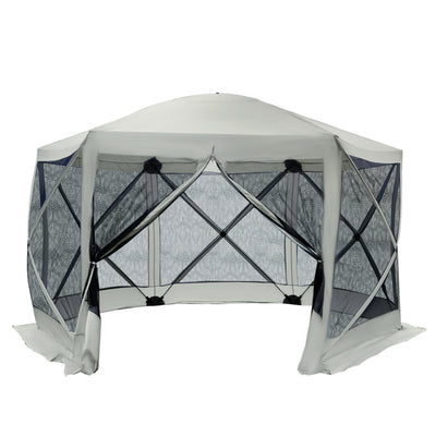 6-Sided Hexagon Pop Up Party Tent Gazebo with Mesh Netting Walls & Shaded Interior, 12' x 12', Beige