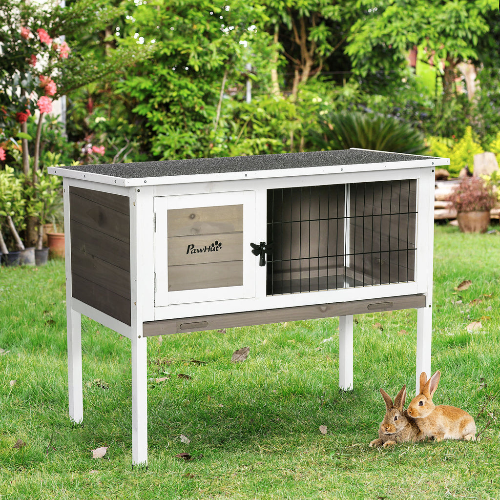 Elevated Rabbit Hutch Bunny Hutch with Hinged Asphalt Roof, Removable Tray, Fir Wood Bunny Cage for Indoor/Outdoor, Brown