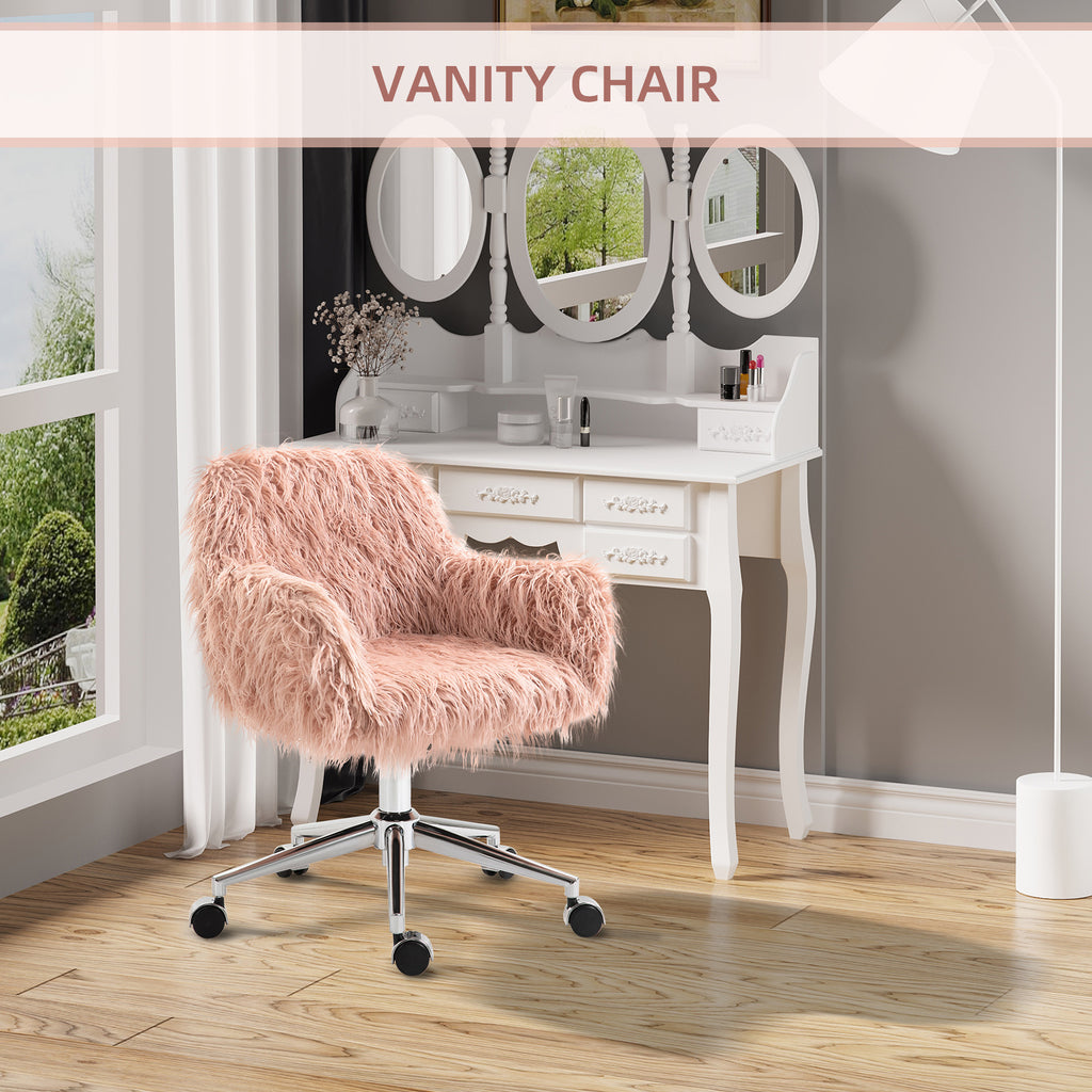 Vanity Chair, Faux Fur Desk Chair with Adjustable Height and Wheels for Makeup Room, Swivel Chair, Pink