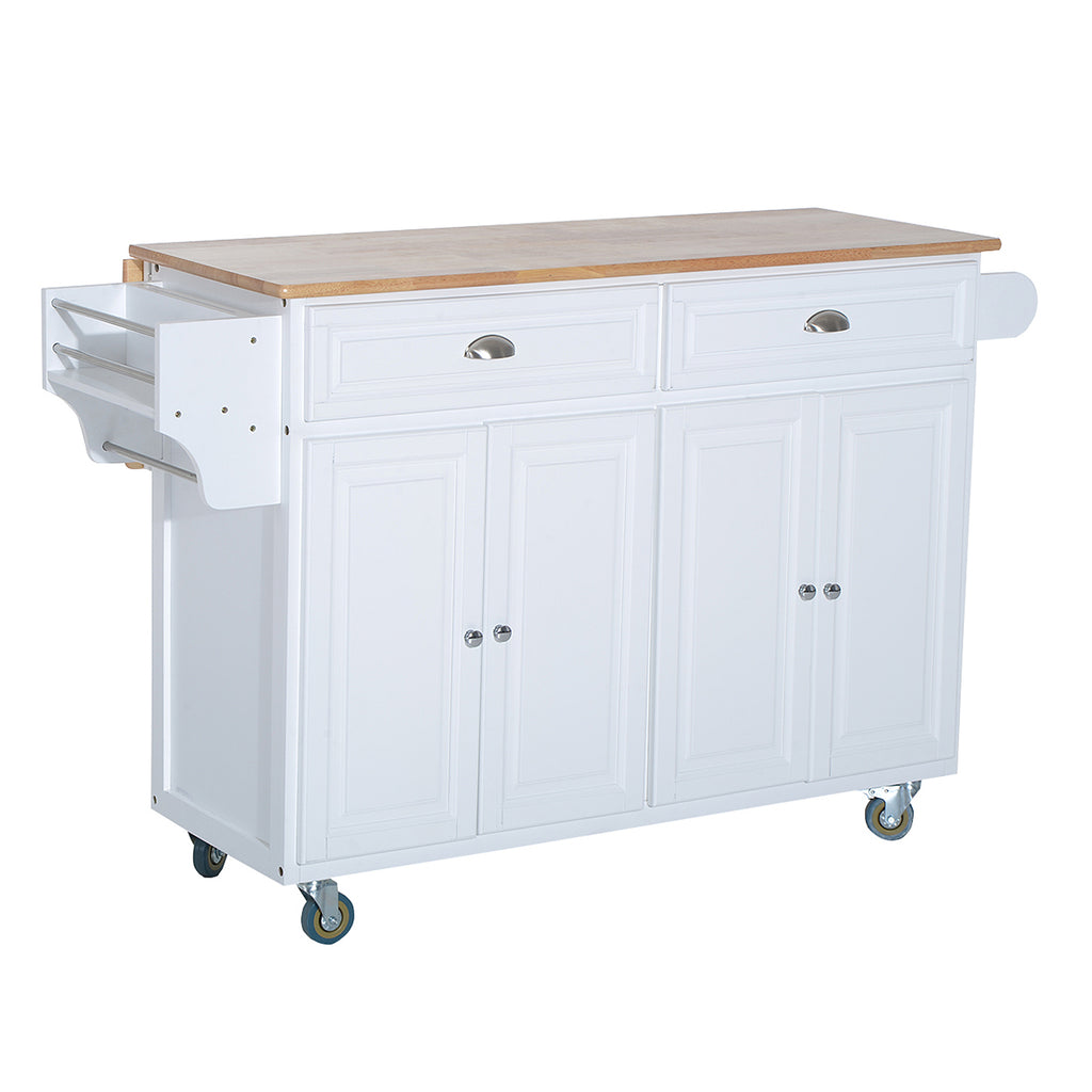 Modern Wood Top Drop Leaf Kitchen Rolling Island Cart Large Rubberwood Countertop Cabinet Space Omni-Directional Castor Wheels, White