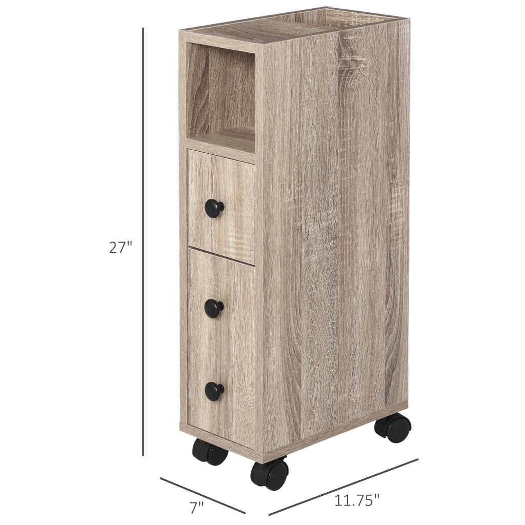 Freestanding Compact Design Bathroom Cabinet with 2 Open Cabinets  1 Door Cabinet  1 Drawer and 4 Rolling Wheels  Oak Grain Color