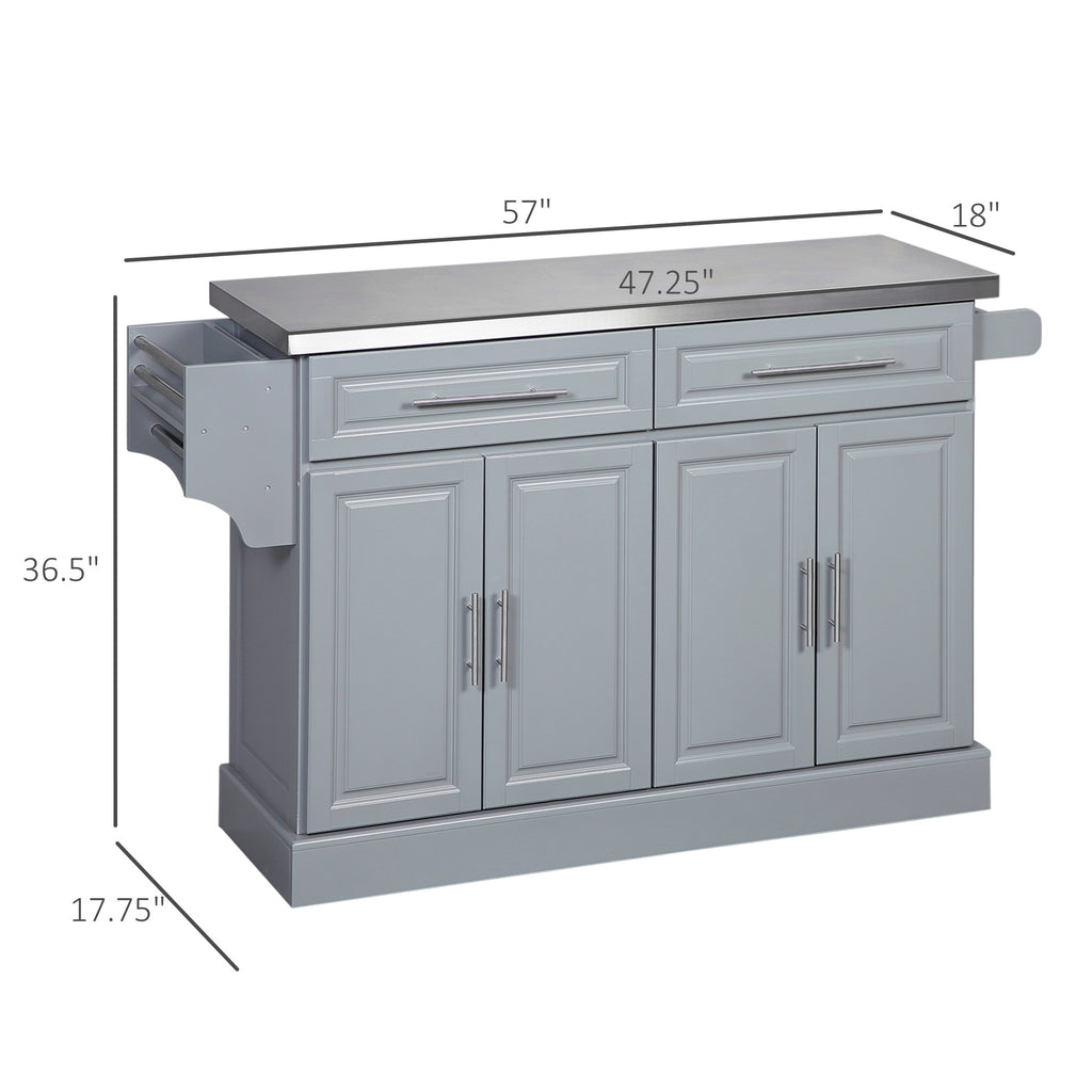 Grey Rolling Kitchen Island with Storage, Portable Kitchen Cart with Stainless Steel Top, 2 Drawers, Spice, Knife and Towel Rack