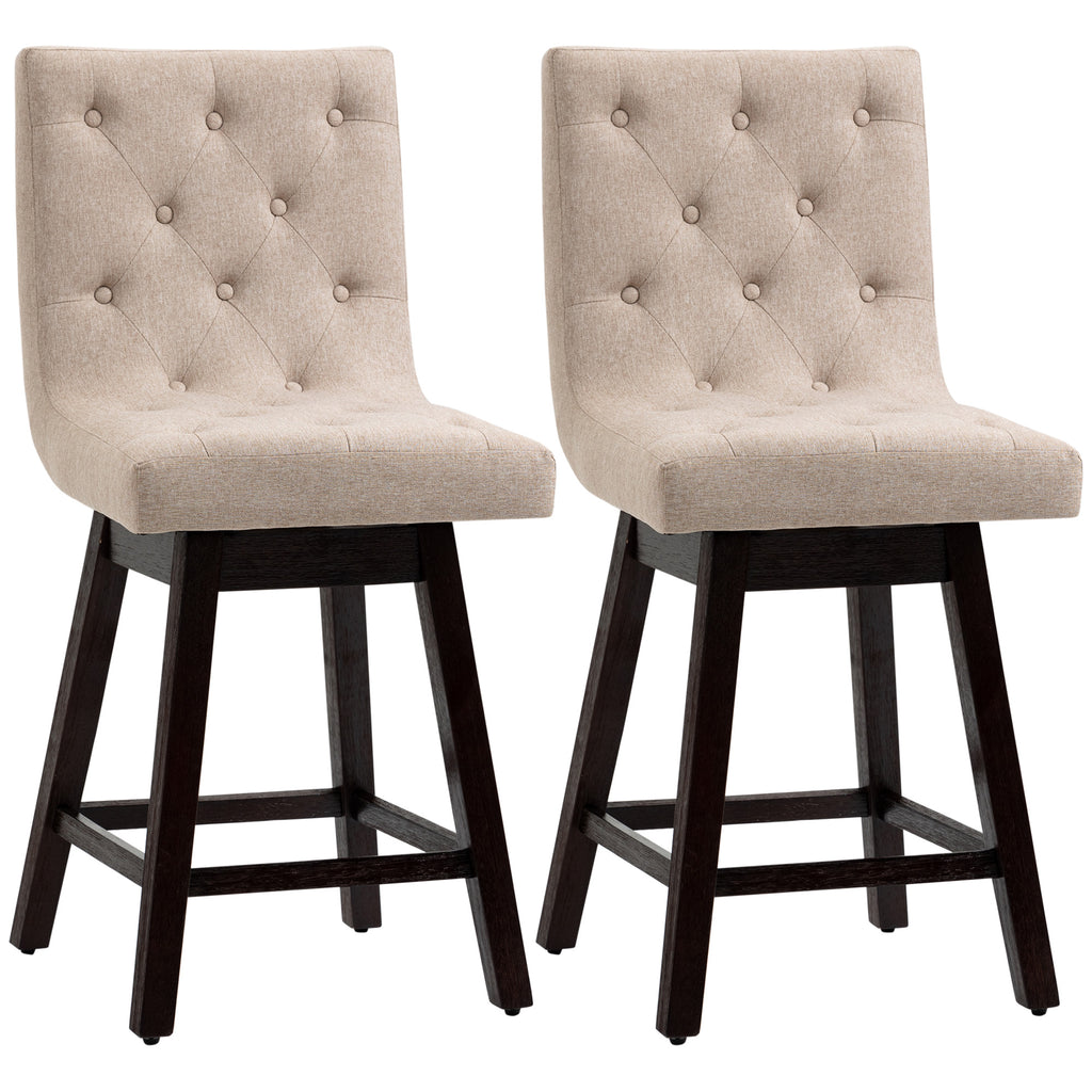 Bar Stools Set of 2, Swivel Bar Chairs, 25.5" High Fabric Tufted Breakfast Barstools for Kitchen Counter, Beige
