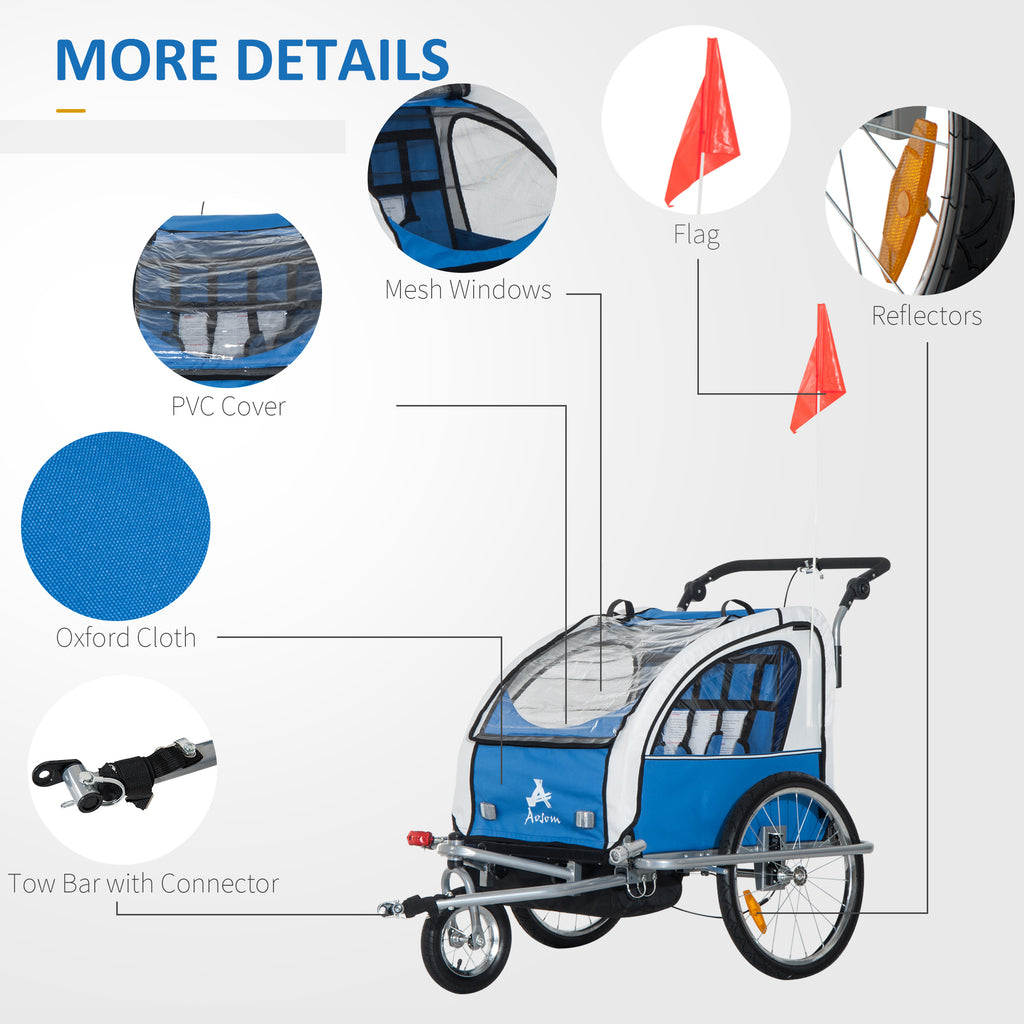 Blue Elite 360 Swivel Double Child Two-Wheel Bicycle Cargo Trailer With 2 Security Harnesses