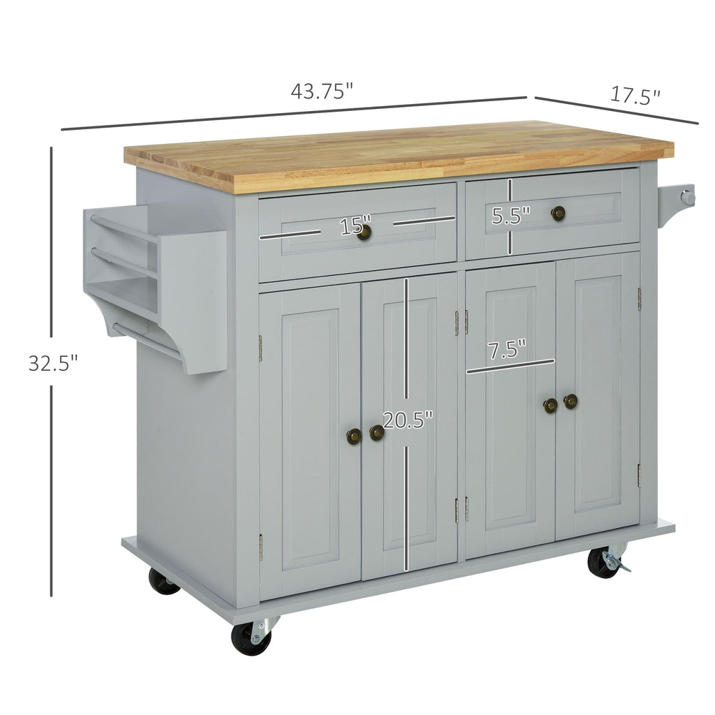 Rolling Kitchen Island Cart on Wheels with Rubber Wood Top, Spice Rack, Towel Rack & Drawers for Dining Room, Grey