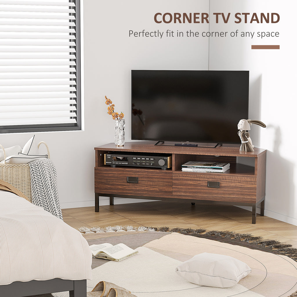 Corner TV Stand for TV up to 46", Entertainment Center with Open Storage and Drawers, TV Table with Steel Legs, Dark Walnut