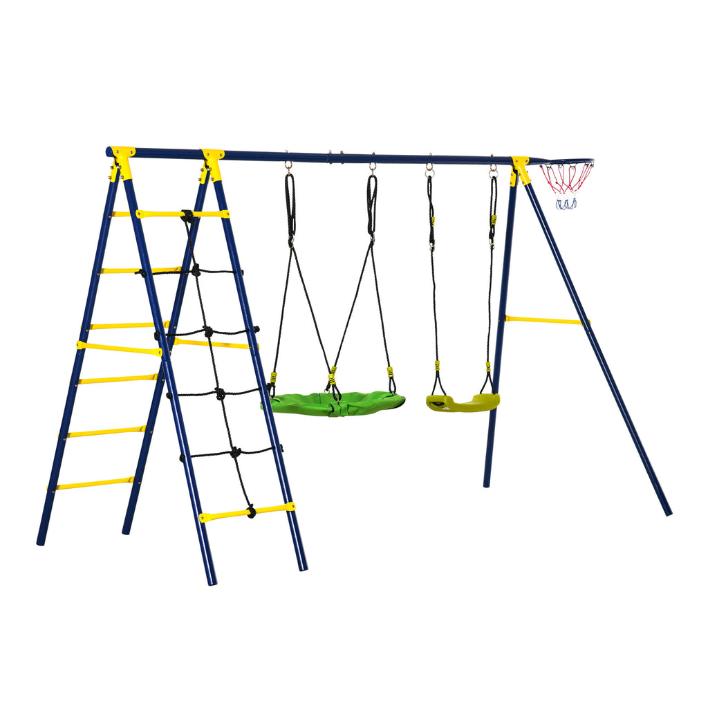 Kids Metal Swing Set, Outdoor Play Equipment w/ Saucer Swing, Basket Hoop, Climb Ladder, Net, A-Frame Metal Stand, for 3-10 Years Old, Green