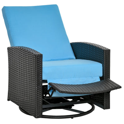 Patio Wicker Recliner Chair with Footrest, Outdoor PE Rattan 360Â° Swivel Chair with Soft Cushion, Lounge Chair for Patio, Light Blue