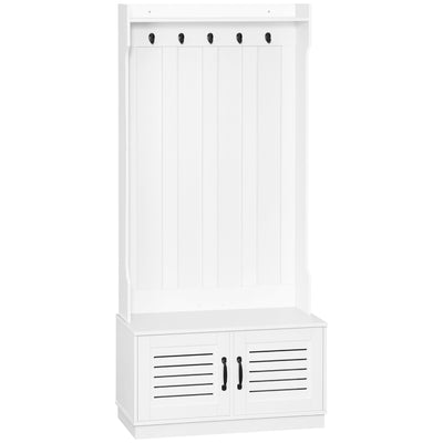 Modern Hall Tree, Entryway Coat Rack with Shoe Bench, 5 Hooks, Storage Shelf and Slatted Door Cabinet for Hallway, White