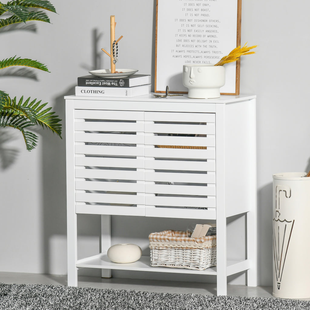 Modern Media Console Cabinet with Slat Double Doors, Enclosed Adjustable Shelf and Open Bottom Shelf, White