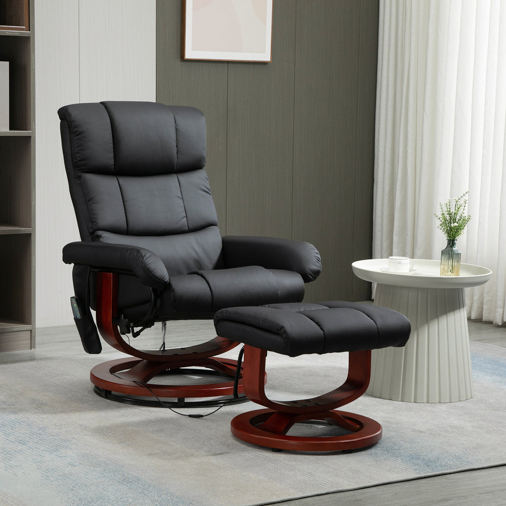 Recliner Chair with Ottoman, Electric Faux Leather Recliner with 10 Vibration Points and 5 Massage Mode, Reclining Chair with Swivel Wood Base, Remote Control and Side Pocket, Black