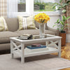 Farmhouse Style Coffee Table with Wood Frame, Tempered Glass Tabletop and Underneath Storage Shelf for Living Room, White Oak