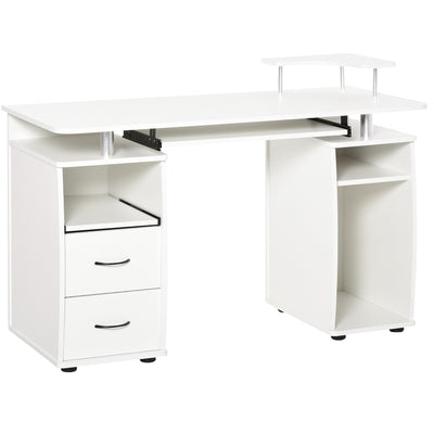 Multi-Function Computer Desk Home Office Desk with Keyboard Tray, Elevated Shelf, Sliding Scanner Shelf and CPU Stand, White