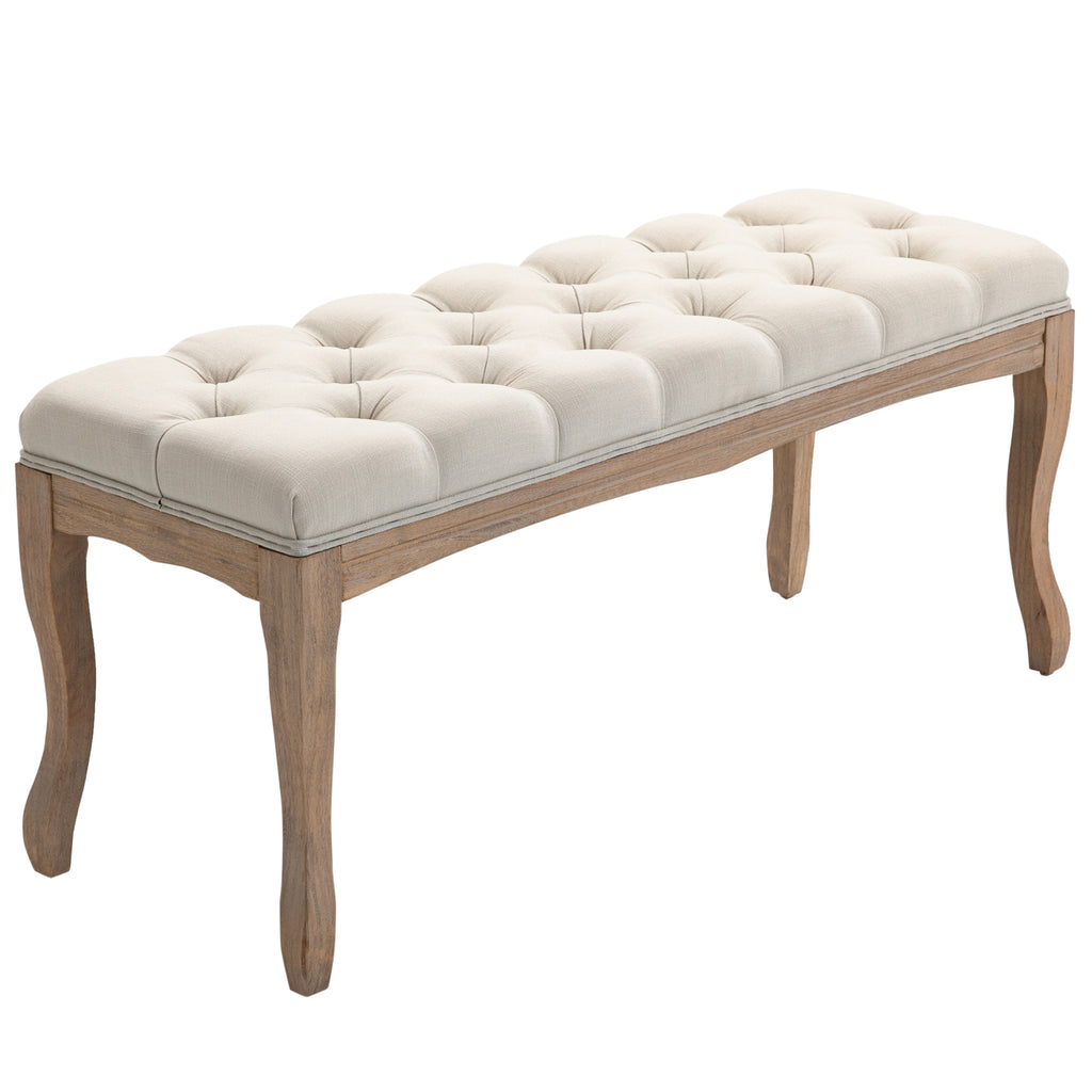 43" Upholstered Entryway Bench, Linen Fabric Ottoman Stool with Button Tufted Seat, and Rubber Wood Legs for Living Room, Bedroom, Beige