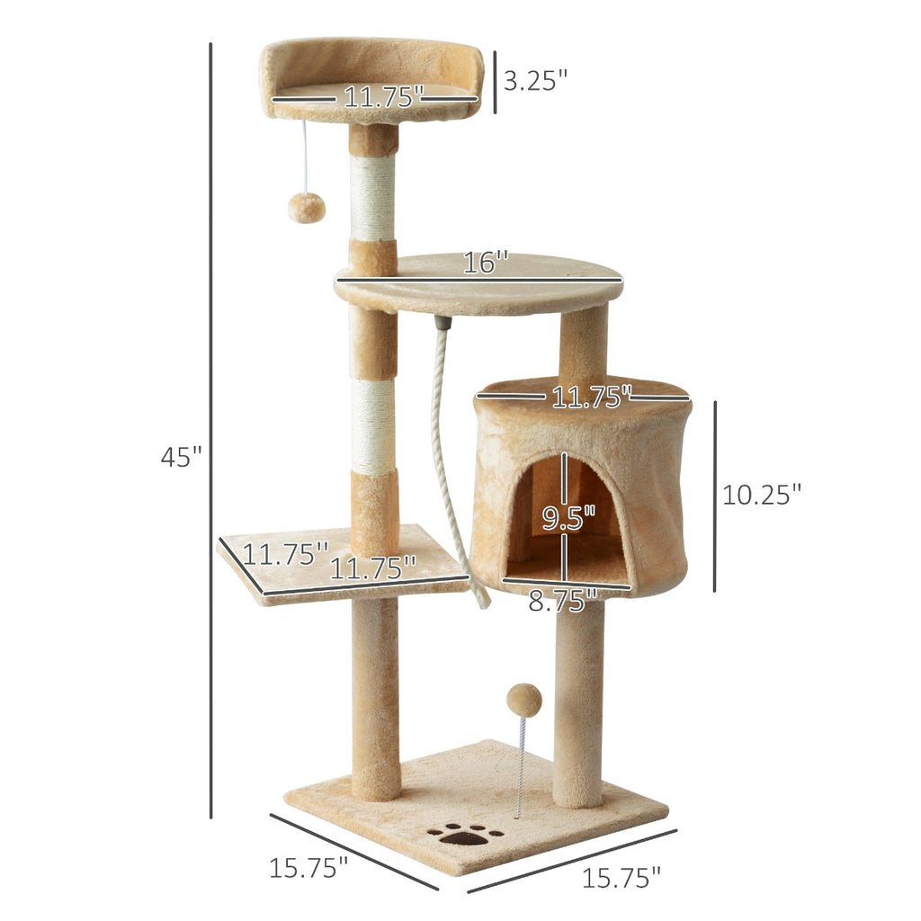 45" Plush Sturdy Interactive Cat Condo Tower Scratching Post Modern Cat Tree House - Beige / White