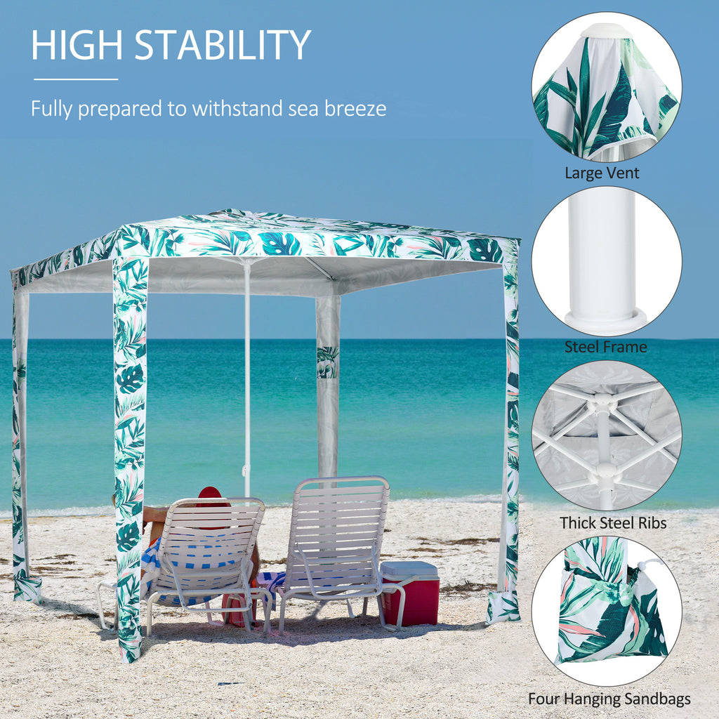 Quick Beach Cabana Canopy Umbrella, 8' Easy-Assembly Sun-Shade Shelter with Sandbags and Carry Bag, Cool UV50+ Fits Kids & Family, Green Coconut Palm