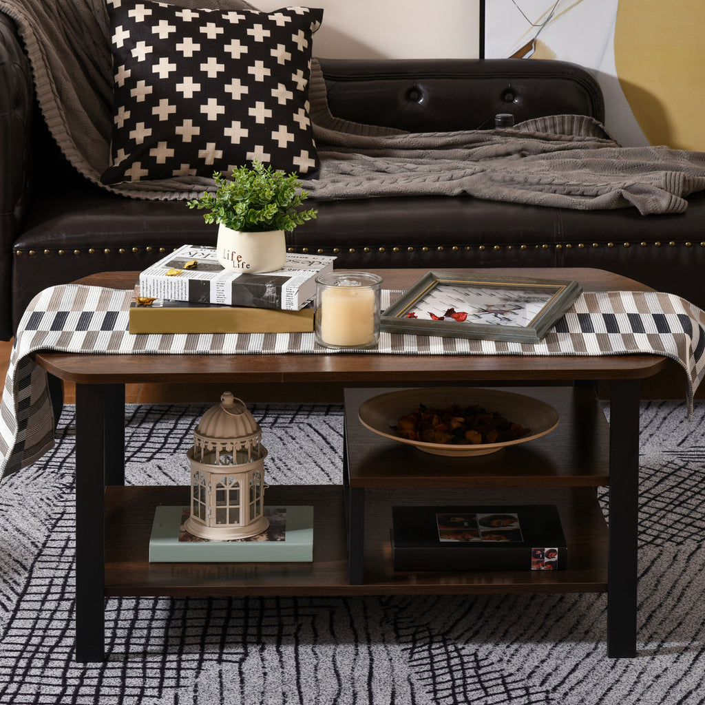 Vintage Industrial Coffee Table with Under-Top Storage Shelves and Rounded Corners, Dark Wood Color