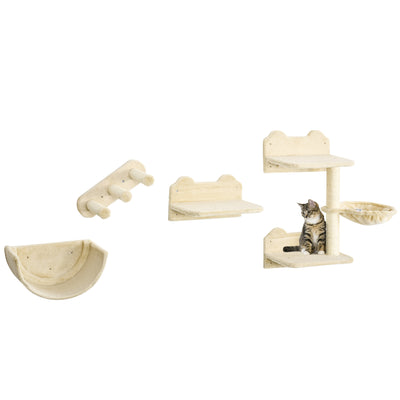 Cat Wall Shelves, with Hammock, Scratching Post, Steps, Platforms, Beige