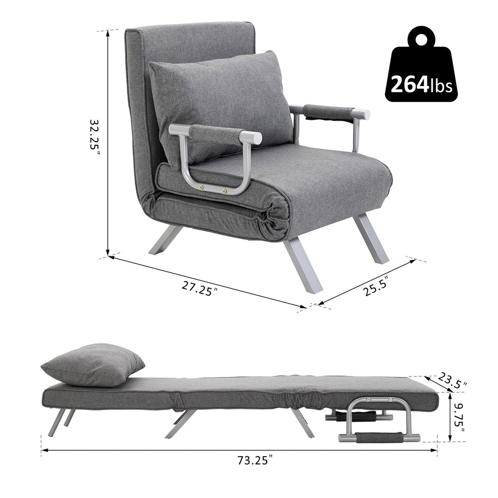 Single Person Folding 5 Position Convertible Sofa Bed Sleeper Chair Chaise Lounge Couch w/Pillow & Steel Frame for Home office, Light Grey