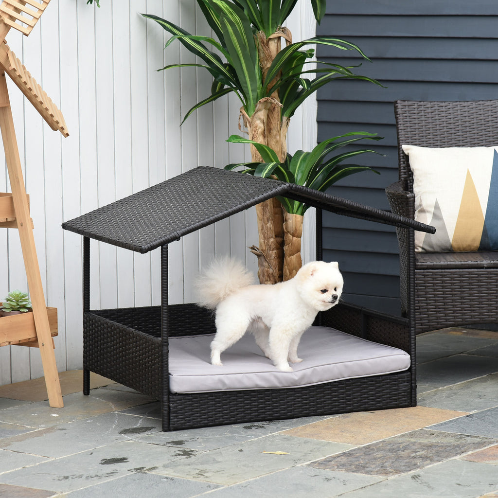 Wicker Dog House Elevated Raised Rattan Bed for Indoor/Outdoor with Removable Cushion Lounge, Grey