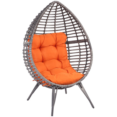 Teardrop Wicker Lounge Chair with Soft Cushion, PE Rattan Egg Cuddle Chair with Height Adjustable Knob for Backyard, Living Room, Orange