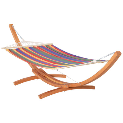 154'' x 47'' Outdoor Hammock, Arch Wooden Hammock with Stand, Single Bed w/ Straps and Hooks, Multi-color Stripe
