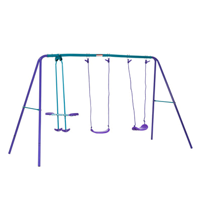 Kid's Swingset with Seesaw, Features Double Swing Seats and Adjustable Height, Suitable for Play in Family Backyard, Purple