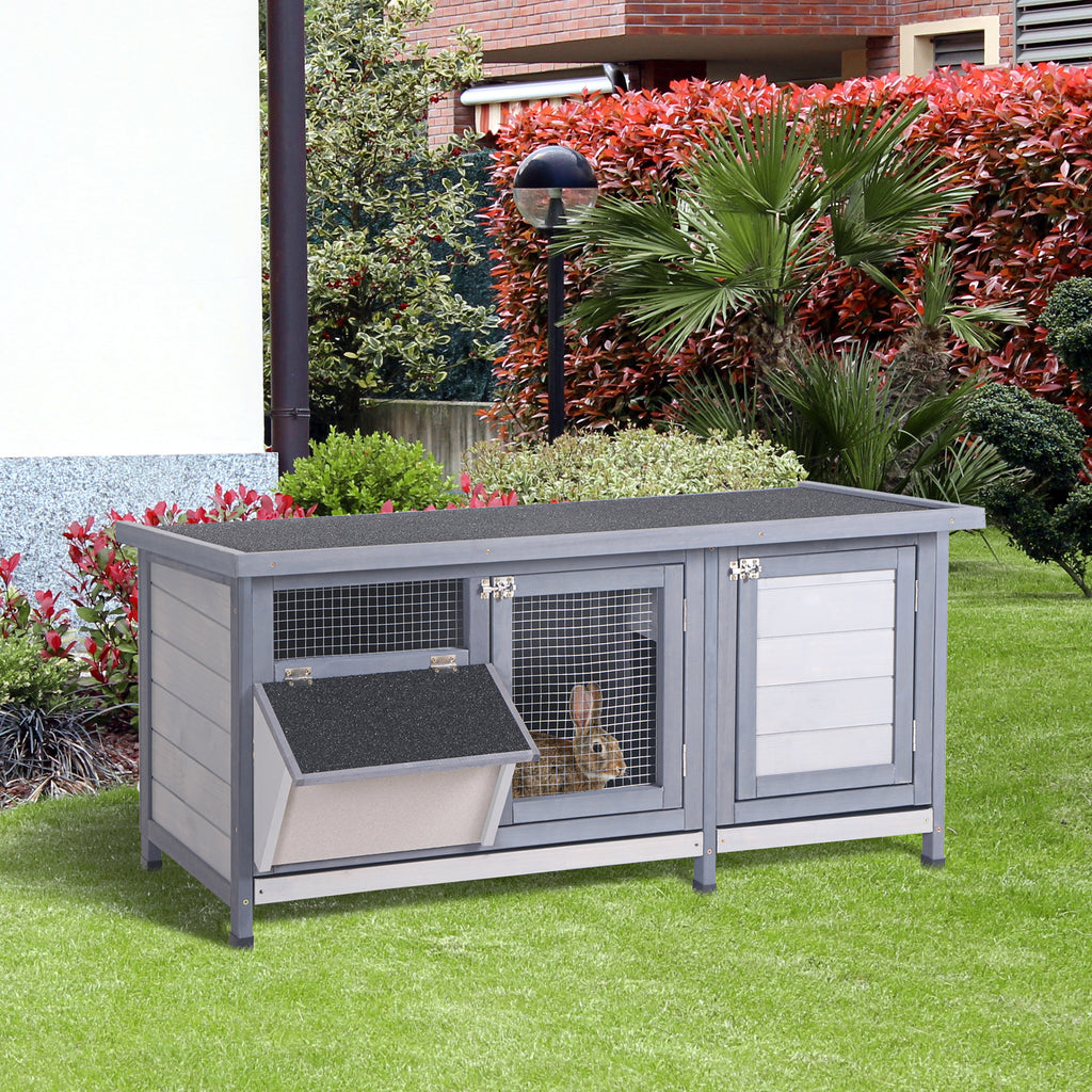 Wooden Rabbit Hutch Bunny Hutch Cage Guinea Pig with Waterproof Roof, No Leak Tray and Feeding Trough, Indoor/Outdoor, Grey