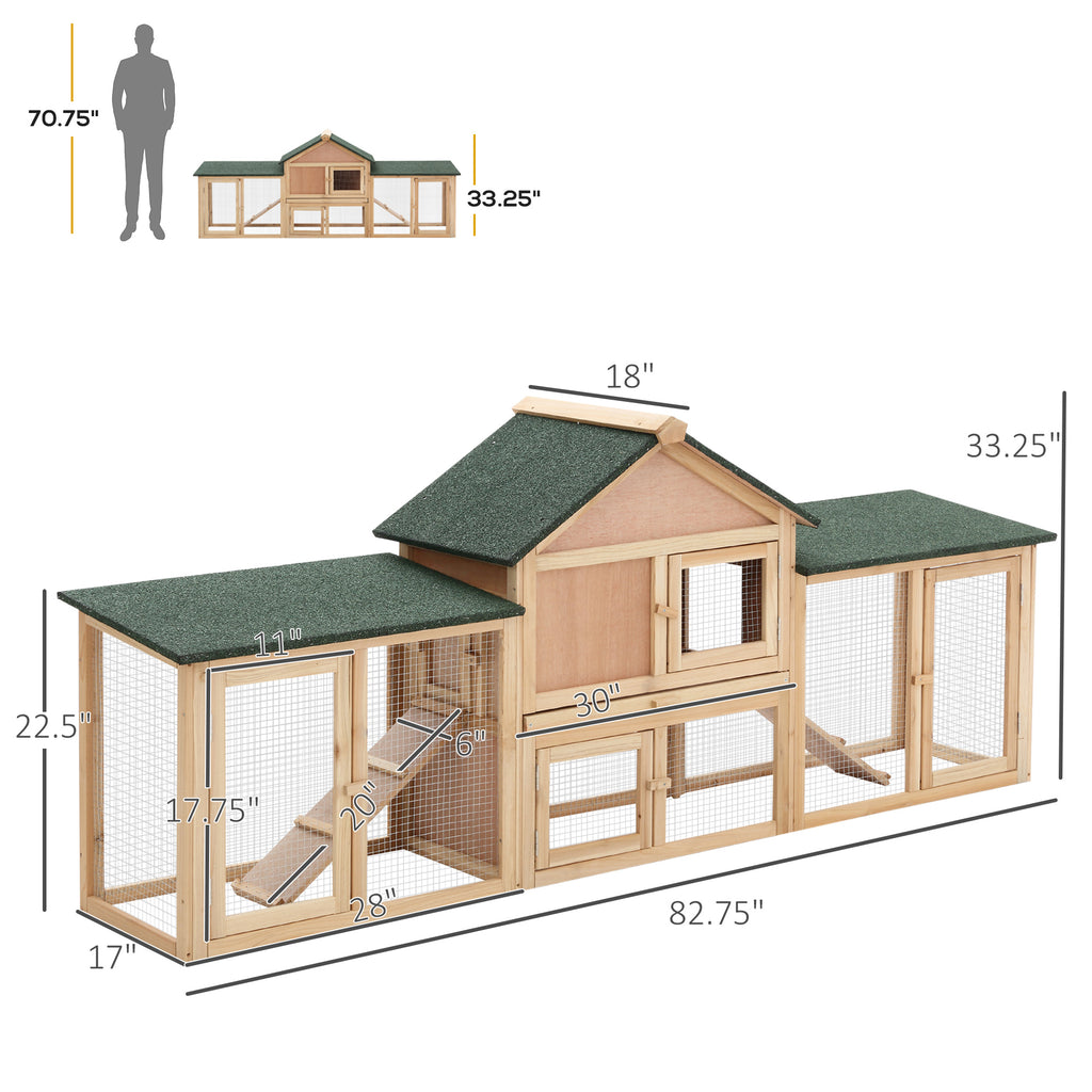 83" Wooden Rabbit Hutch Large Bunny Hutch House with Double Run, Removable Tray and Waterproof Roof for Outdoor, Natural