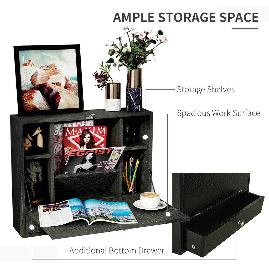 Wall Mounted Desk with Storage Shelves, Floating Desk with Foldable Tabletop, Space Saving Computer Writing Table, Black