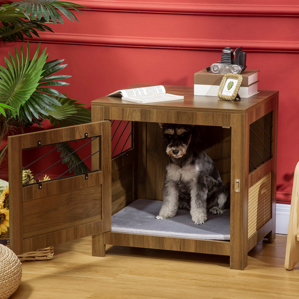 Dog Crate Furniture with Cushion, Wooden Dog Kennel End Table with Lockable Door, for Miniature Dogs, Indoor, Walnut