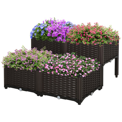 4-Piece Raised Garden Bed Planter Raised Bed with Self-Watering Design and Drainage Holes for Flowers, Brown