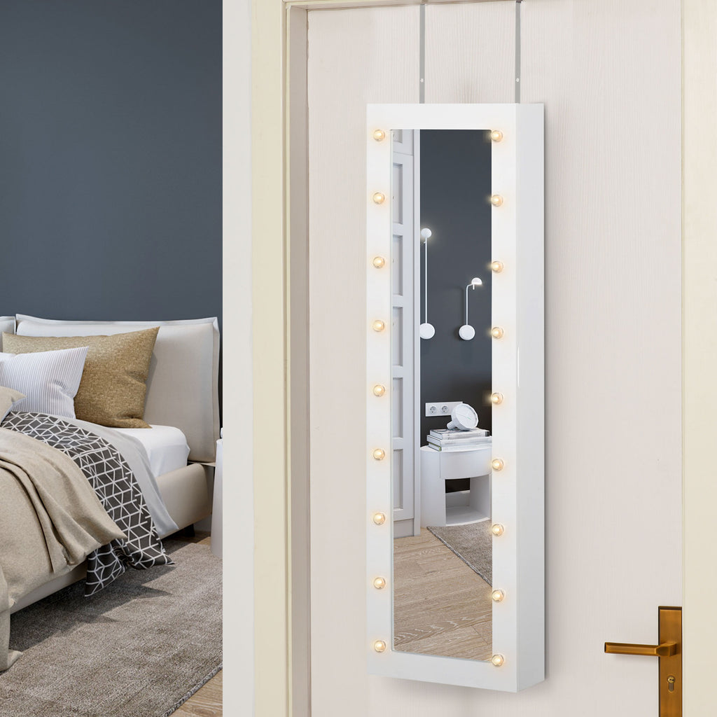 Jewelry Armoire with Mirror and 18 LED Lights  Wall-Mounted/Over-The-Door Cabinet with 3 Mountable Heights  White