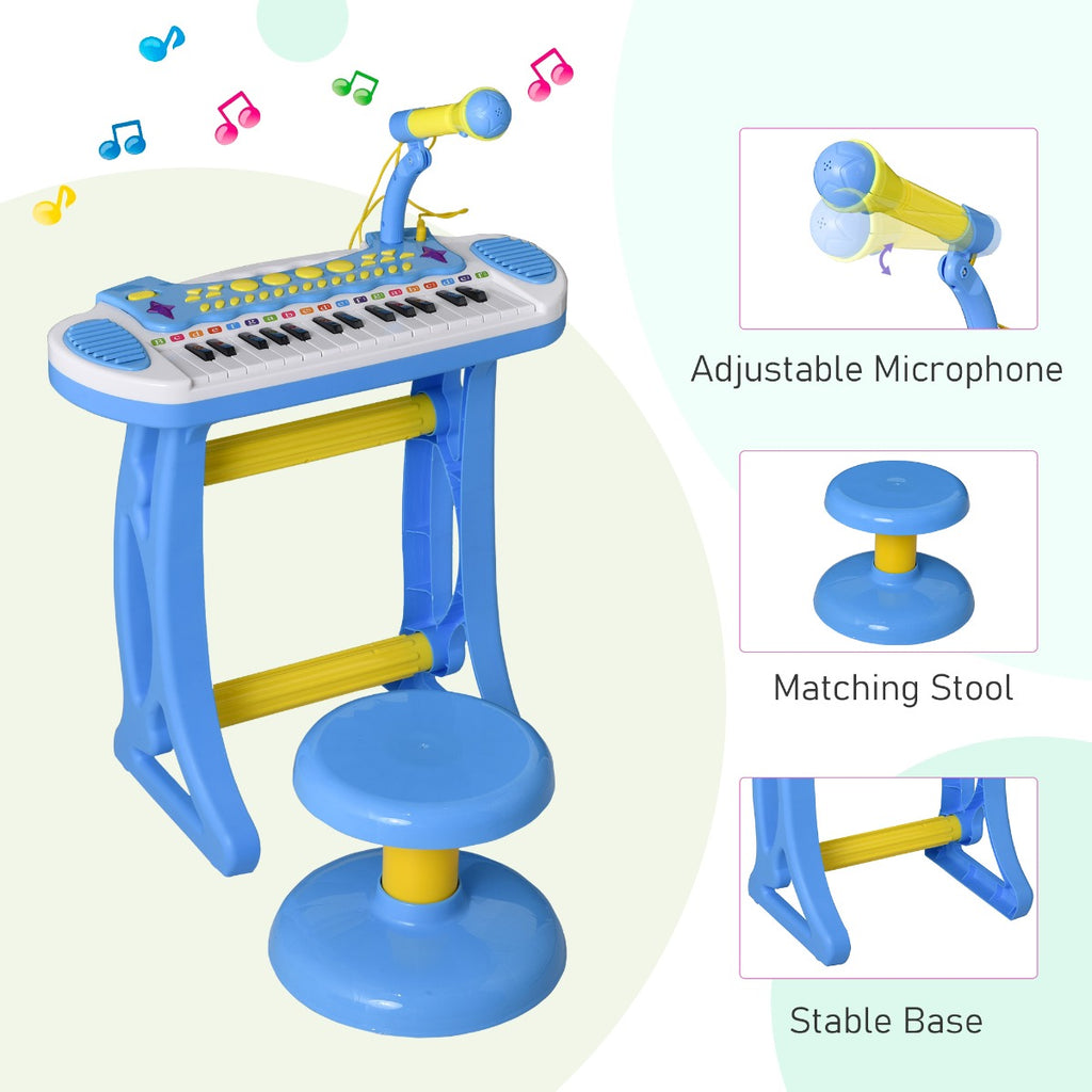 Kids Toddler Toy Piano Keyboard with Included Sitting Stool, Working Microphone, Light Function - Blue