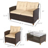 4-piece Outdoor Patio Rattan Furniture Set with 2 Chairs  1 Double Couch  & a Coffee Table & Cushions  Brown