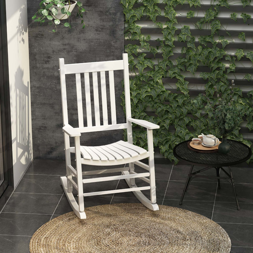 Outdoor Rocking Chair, Wooden Rustic High Back All Weather Rocker, Slatted for Indoor, Backyard & Patio, White